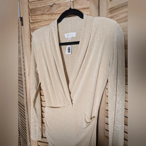 Mable Champagne Ruched Plunge Long Sleeve Maxi Dress Glam Evening Gown S - Picture 3 of 7
